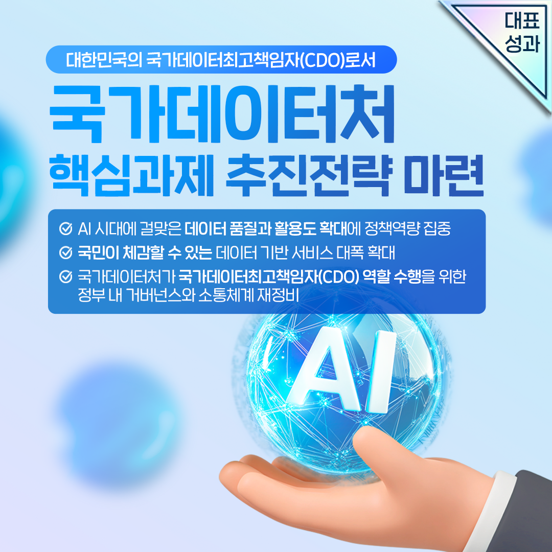 대한민국의 국가데이터최고책임자(CDO)로서 국가데이터처 핵심과제 추진전략 마련 AI 시대에 걸맞은 데이터 품질과 활용도 확대에 정책역량 집중 국민이 체감할 수 있는 데이터 기반 서비스 대폭 확대 국가데이터처가 국가데이터최고책임자(CDO) 역할 수행을 위한 정부 내 거버넌스와 소통체계 재정비